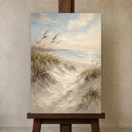 Serene Coastal Dunes Beach Wall Art Canvas Print shown in Studio Easel