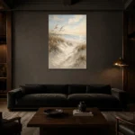 Serene Coastal Dunes Beach Wall Art Canvas Print shown in a warm modern interior