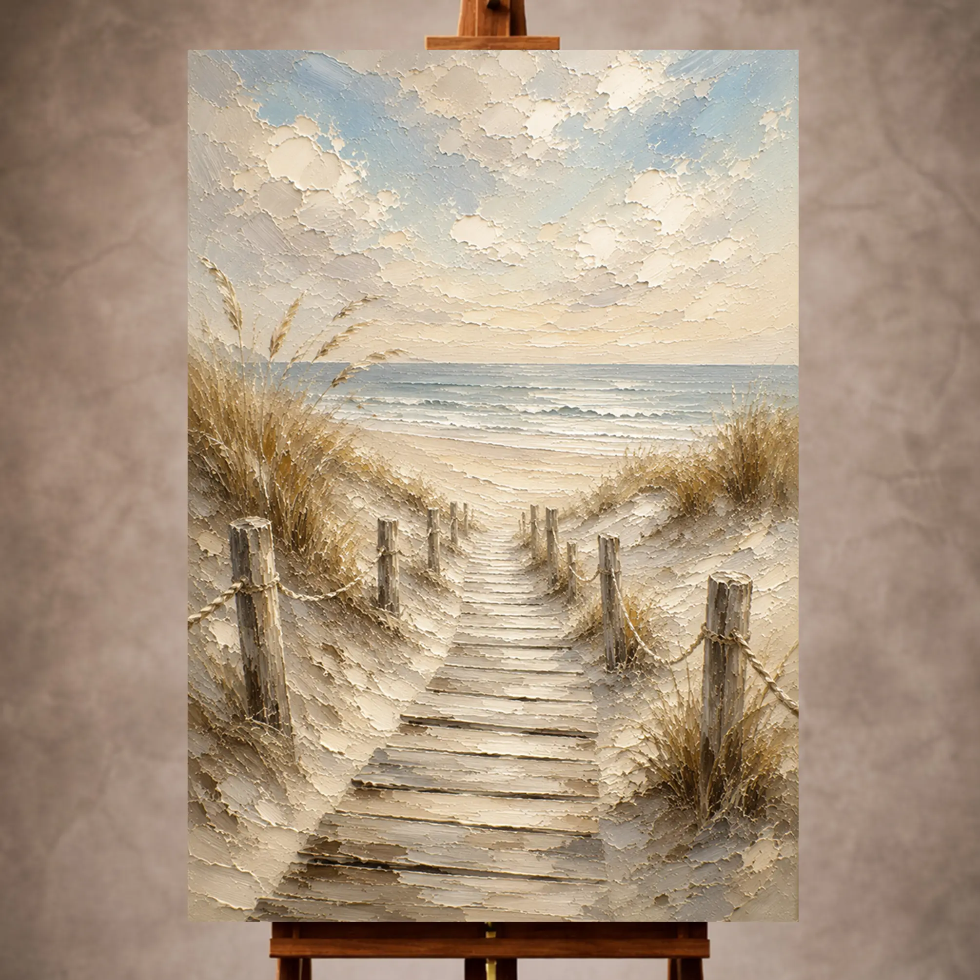 Premium Wall Art Dikey Html Edition – SEAWALL037 Image 1 Timeless neutral Beach Wall Art print featuring a weathered boardwalk through golden dunes leading to a peaceful shoreline for elegant interiors