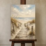 Timeless Coastal Boardwalk Beach Wall Art Canvas Print displayed on a studio easel