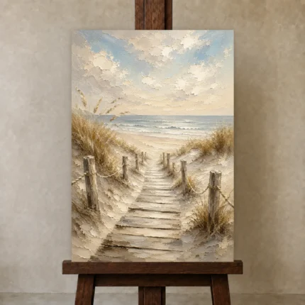 Timeless Coastal Boardwalk Beach Wall Art Canvas Print shown in Studio Easel