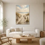 Timeless Coastal Boardwalk Beach Wall Art Canvas Print styled in a refined neutral interior