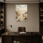 Timeless Coastal Boardwalk Beach Wall Art Canvas Print displayed in a contemporary gallery-inspired room