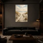 Timeless Coastal Boardwalk Beach Wall Art Canvas Print shown in a warm modern interior