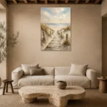 Timeless Coastal Boardwalk Beach Wall Art Canvas Print presented in a sophisticated home setting