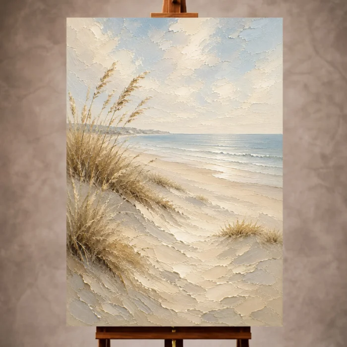 Tranquil neutral Beach Wall Art print featuring untouched shoreline, dune grasses, smooth sand, and a pale blue coastal horizon for elegant interiors
