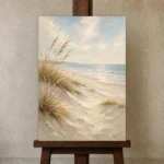 Tranquil Shoreline Dunes Beach Wall Art Canvas Print displayed on a studio easel