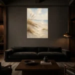 Tranquil Shoreline Dunes Beach Wall Art Canvas Print shown in a warm modern interior