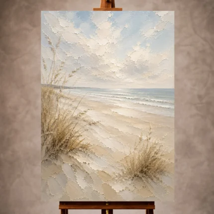 Minimalist neutral Beach Wall Art print featuring broad sandy shores, calm ocean, and delicate sea grasses for elegant coastal interiors