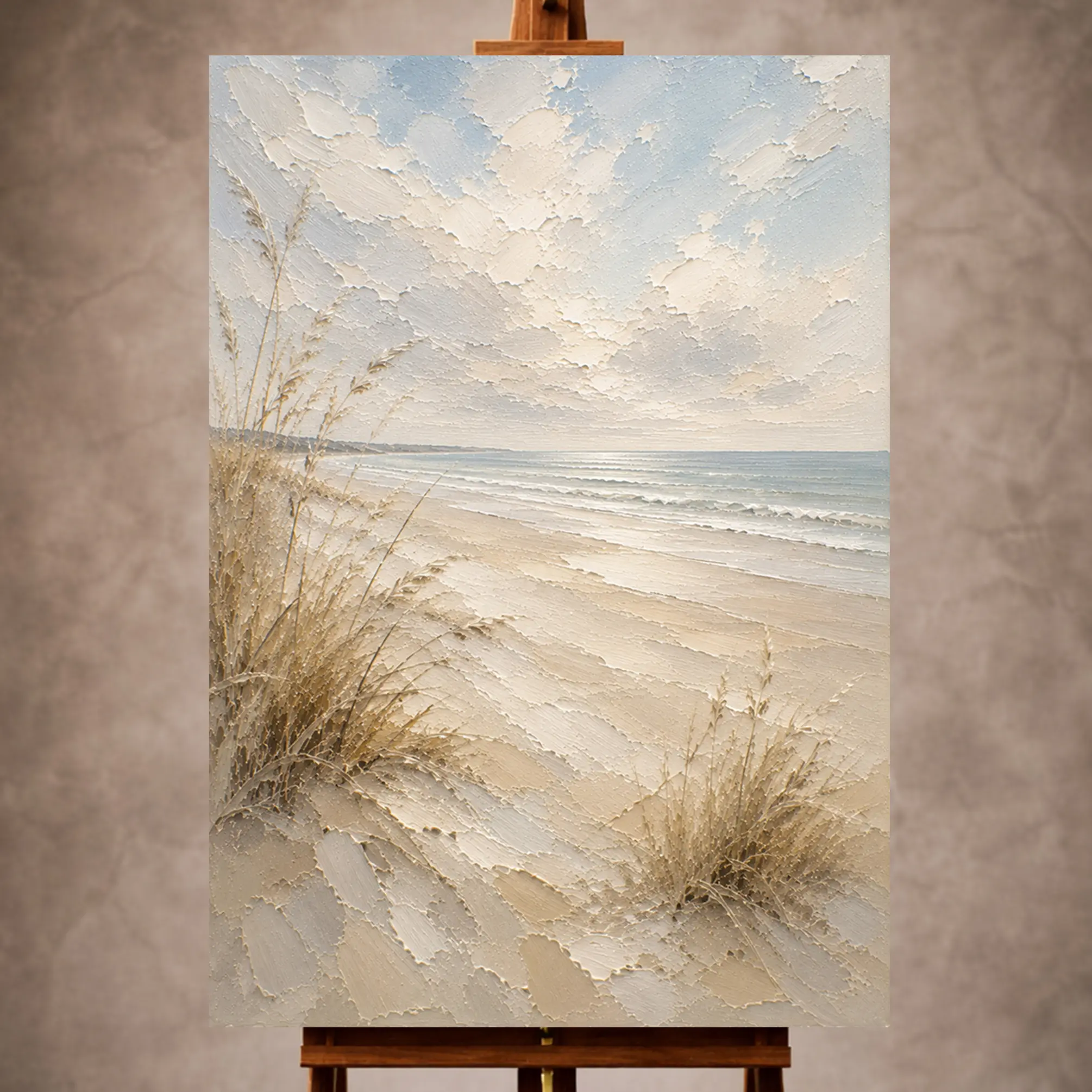 Premium Wall Art Dikey Html Edition – SEAWALL039 Image 1 Minimalist neutral Beach Wall Art print featuring broad sandy shores, calm ocean, and delicate sea grasses for elegant coastal interiors