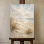 Minimalist Coastal Shores Beach Wall Art Canvas Print displayed on a studio easel