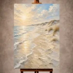 Golden neutral Beach Wall Art print featuring sunlit beach sands, gentle shoreline waves, and distant rolling dunes for elegant interiors