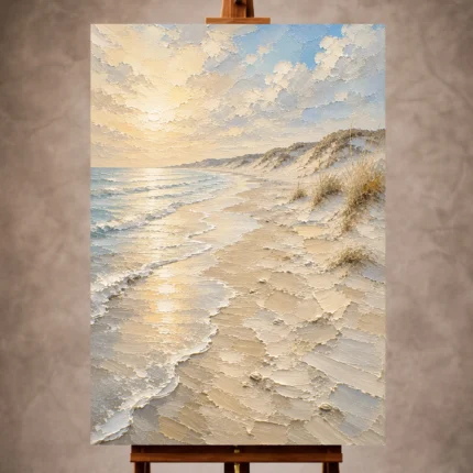 Golden neutral Beach Wall Art print featuring sunlit beach sands, gentle shoreline waves, and distant rolling dunes for elegant interiors