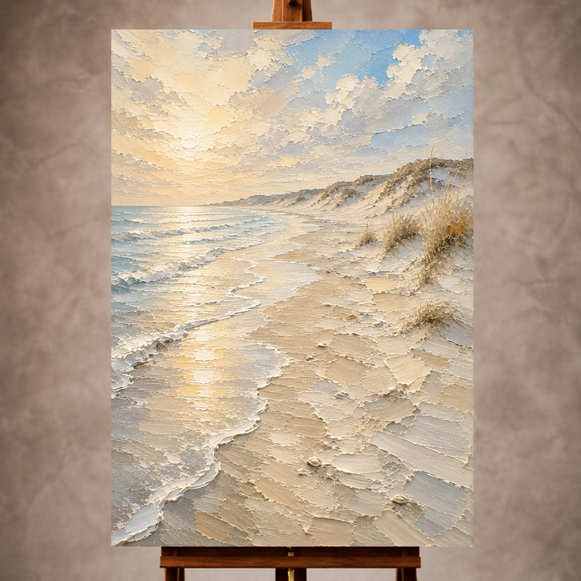 Premium Wall Art Dikey Html Edition – SEAWALL040 Image 1 Golden neutral Beach Wall Art print featuring sunlit beach sands, gentle shoreline waves, and distant rolling dunes for elegant interiors