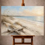 Serene neutral Beach Wall Art print featuring a sweeping sandy coastline, calm pale blue waters, rolling dunes, and graceful sea grasses for elegant interiors