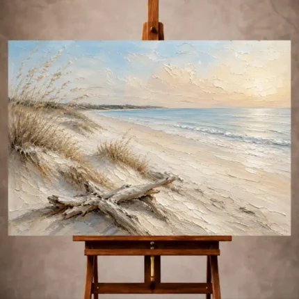 Serene neutral Beach Wall Art print featuring a sweeping sandy coastline, calm pale blue waters, rolling dunes, and graceful sea grasses for elegant interiors