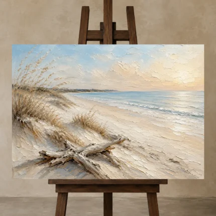 Sweeping Coastal Horizon Beach Wall Art Canvas Print displayed on a studio easel