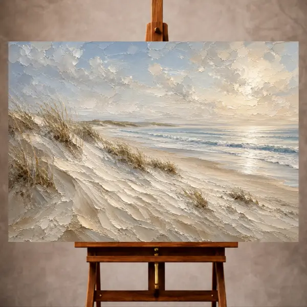Premium Wall Art Yatay Html Edition – SEAWALL042 Image 1 Elegant neutral Beach Wall Art print featuring sculptural coastal dunes, gentle waves, and expansive seaside skies for refined interiors