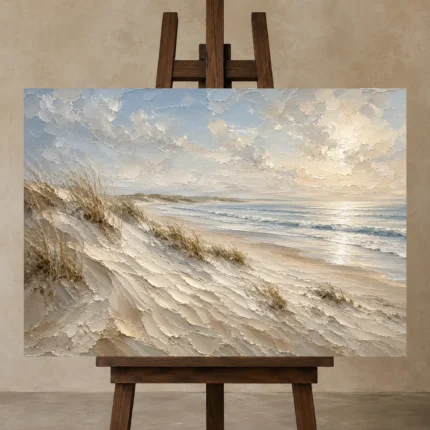 Sculptural Coastal Dunes Beach Wall Art Canvas Print displayed on a studio easel