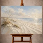 Luminous neutral Beach Wall Art print featuring rippled beach sands, dune grasses, calm ocean, and a pale blue coastal horizon for elegant interiors