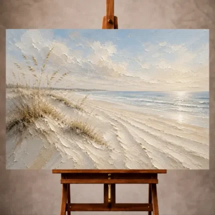 Luminous neutral Beach Wall Art print featuring rippled beach sands, dune grasses, calm ocean, and a pale blue coastal horizon for elegant interiors