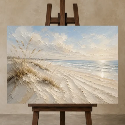 Luminous Coastal Sands Beach Wall Art Canvas Print displayed on a studio easel