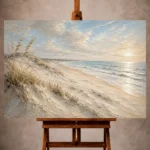 Serene neutral Beach Wall Art print featuring panoramic shoreline, graceful dunes, gentle waves, and soft coastal textures for elegant interiors