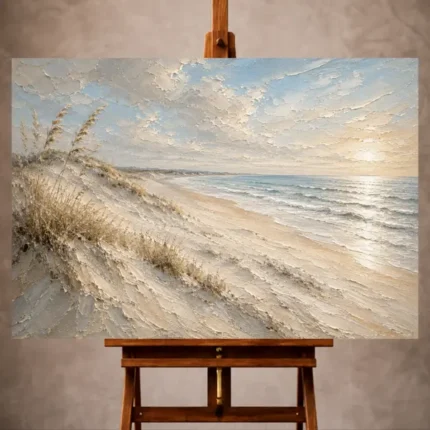 Serene neutral Beach Wall Art print featuring panoramic shoreline, graceful dunes, gentle waves, and soft coastal textures for elegant interiors