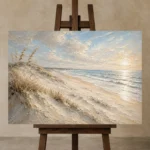 Serene Panoramic Shoreline Beach Wall Art Canvas Print displayed on a studio easel