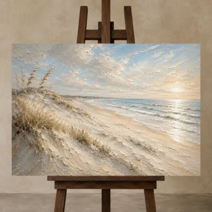 Serene Panoramic Shoreline Beach Wall Art Canvas Print displayed on a studio easel