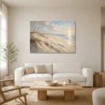 Serene Panoramic Shoreline Beach Wall Art Canvas Print styled in a refined neutral interior