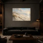 Serene Panoramic Shoreline Beach Wall Art Canvas Print shown in a warm modern interior