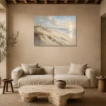 Serene Panoramic Shoreline Beach Wall Art Canvas Print presented in a sophisticated home setting