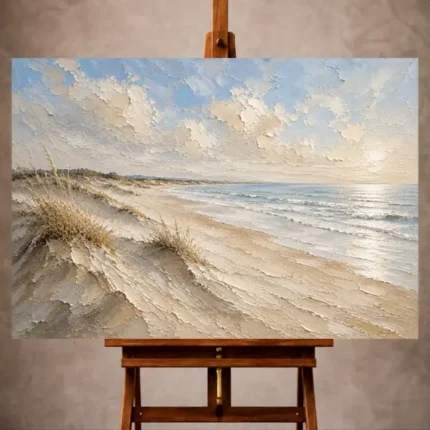 Elegant neutral Beach Wall Art print featuring an expansive sandy shoreline, low rolling dunes, and calm ocean tides beneath soft afternoon light for refined interiors