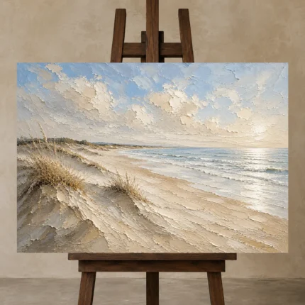 Expansive Coastal Shoreline Beach Wall Art Canvas Print shown in Studio Easel