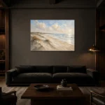 Expansive Coastal Shoreline Beach Wall Art Canvas Print shown in a warm modern interior