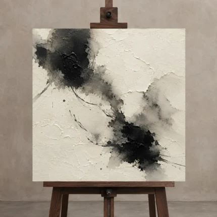 Minimalist Ink Wash Wabi Sabi Wall Art Canvas Print displayed on a studio easel