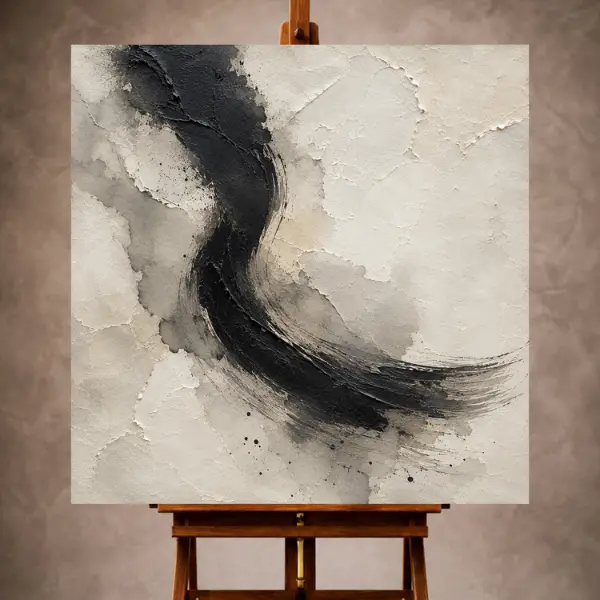 Premium Wall Art Kare Html Edition – SEAWALL047 Image 1 Contemplative neutral Wabi Sabi Wall Art print featuring a bold black brushstroke, layered ink wash, and handmade paper textures for elegant interiors