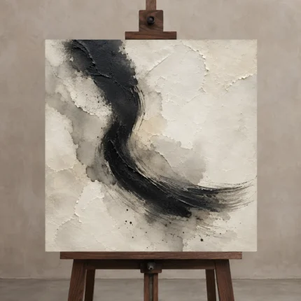 Contemplative Ink Gesture Wabi Sabi Wall Art Canvas Print shown in Studio Easel