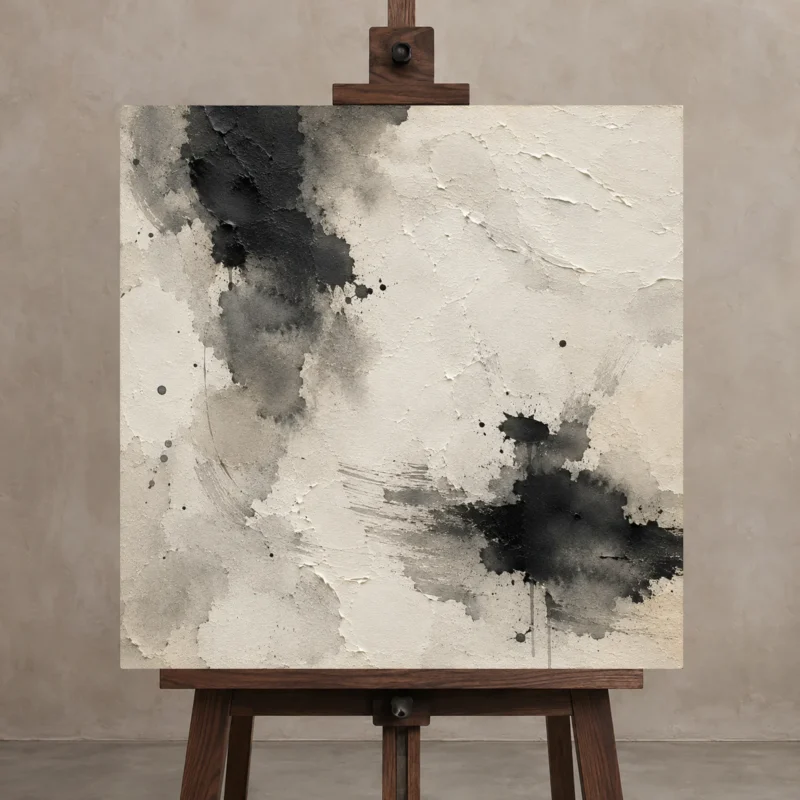 Abstract Ink Pools Wabi Sabi Wall Art Canvas Print displayed on a studio easel