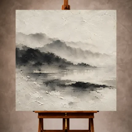 Serene neutral Wabi Sabi Wall Art print featuring layered ink washes, mist-like abstract landscapes, and handmade paper textures for elegant interiors