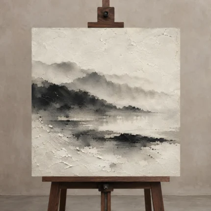 Misty Ink Landscape Wabi Sabi Wall Art Canvas Print displayed on a studio easel