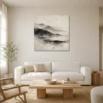 Misty Ink Landscape Wabi Sabi Wall Art Canvas Print styled in a refined neutral interior