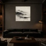 Misty Ink Landscape Wabi Sabi Wall Art Canvas Print shown in a warm modern interior