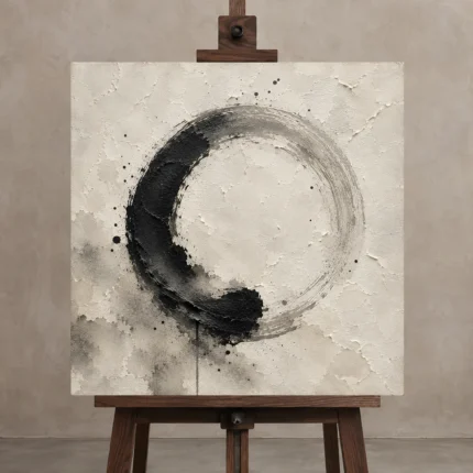 Enso Inspired Ink Wash Wabi Sabi Wall Art Canvas Print shown in Studio Easel