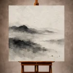 Monochrome Nautical Wall Art print featuring layered misty ink horizons with textured handmade paper for elegant contemporary interiors