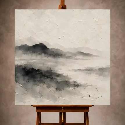 Monochrome Nautical Wall Art print featuring layered misty ink horizons with textured handmade paper for elegant contemporary interiors
