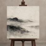 Misty Horizon Ink Nautical Wall Art Canvas Print displayed on a studio easel