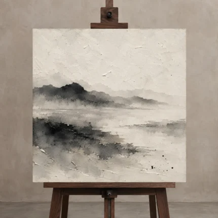 Misty Horizon Ink Nautical Wall Art Canvas Print displayed on a studio easel