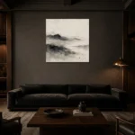 Misty Horizon Ink Nautical Wall Art Canvas Print shown in a warm modern interior